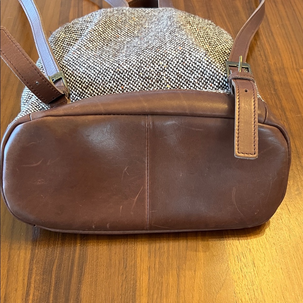 LL Bean Brown Leather & Tweed Backpack Purse - Picture 4 of 10